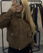 بامبر جکت جیر زنانه قهوه ای