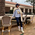 پانچو لینن کرم با نوار سرمه‌ای